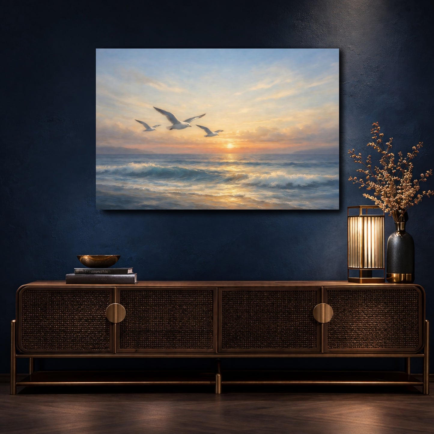 Mockup 4. Nature Seagulls Coastal Sunset shown as stretched canvas wall art