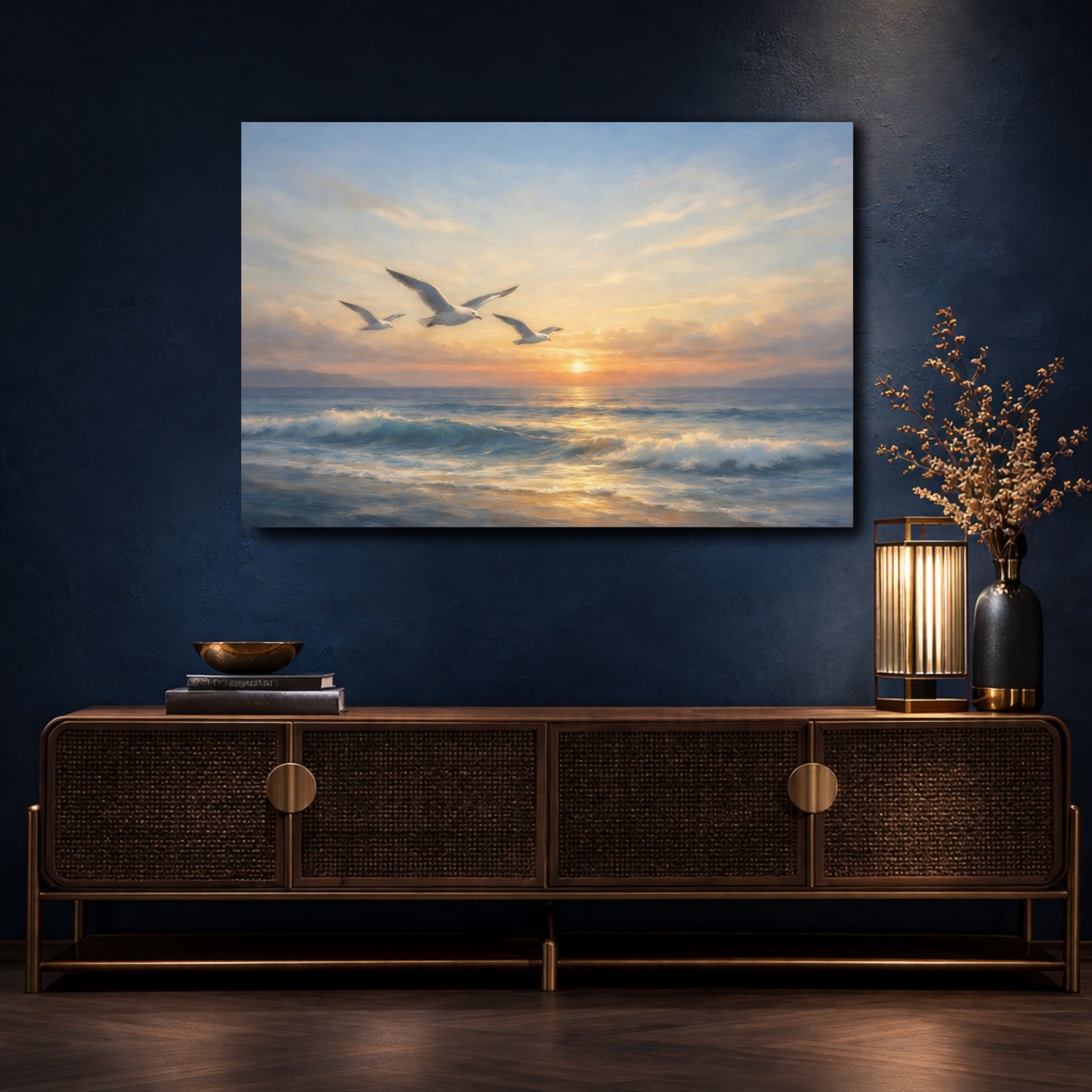 Mockup 4. Nature Seagulls Coastal Sunset shown as stretched canvas wall art