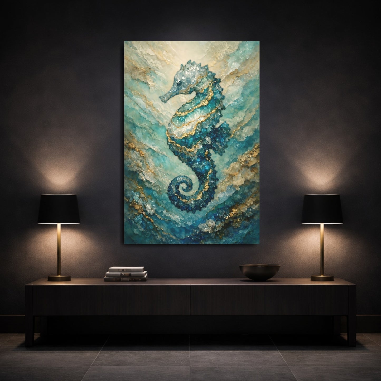 Nature Seahorse Blue Gold Seahorse shown as front canvas room wall art