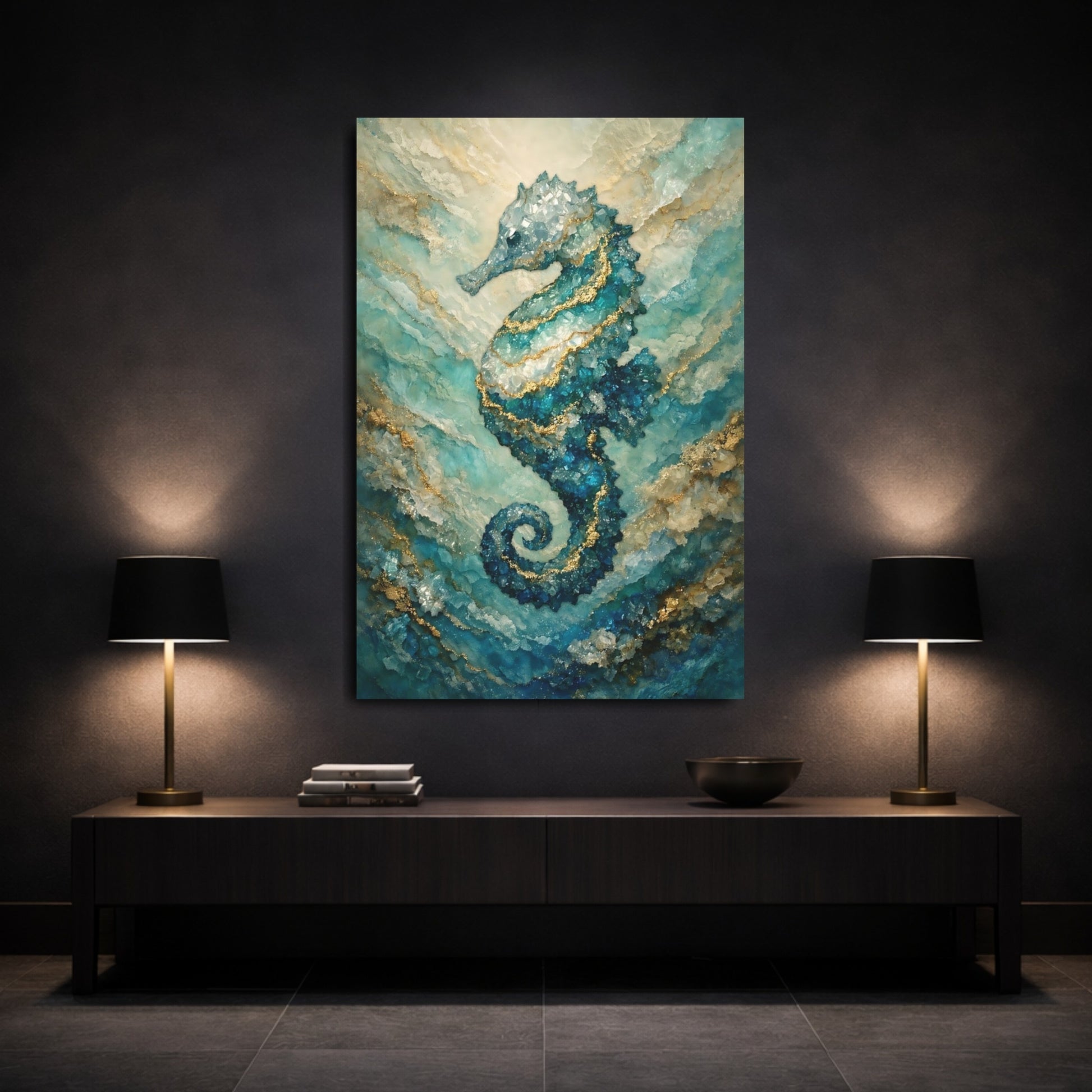 Nature Seahorse Blue Gold Seahorse shown as front canvas room wall art