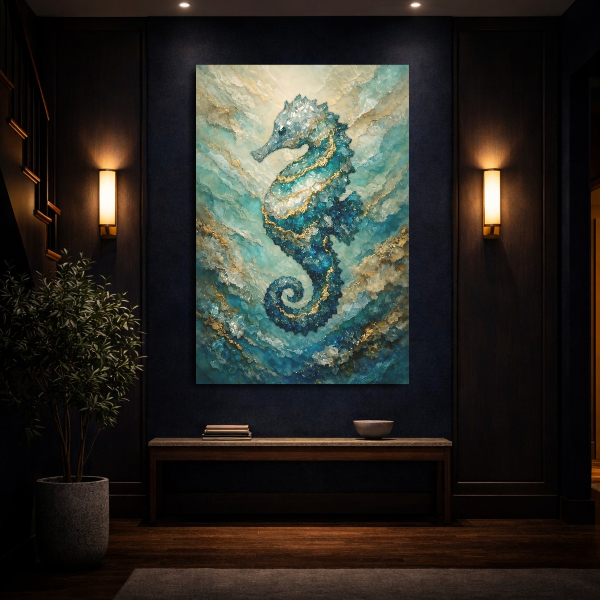 Nature Seahorse Blue Gold Seahorse shown as front canvas room wall art