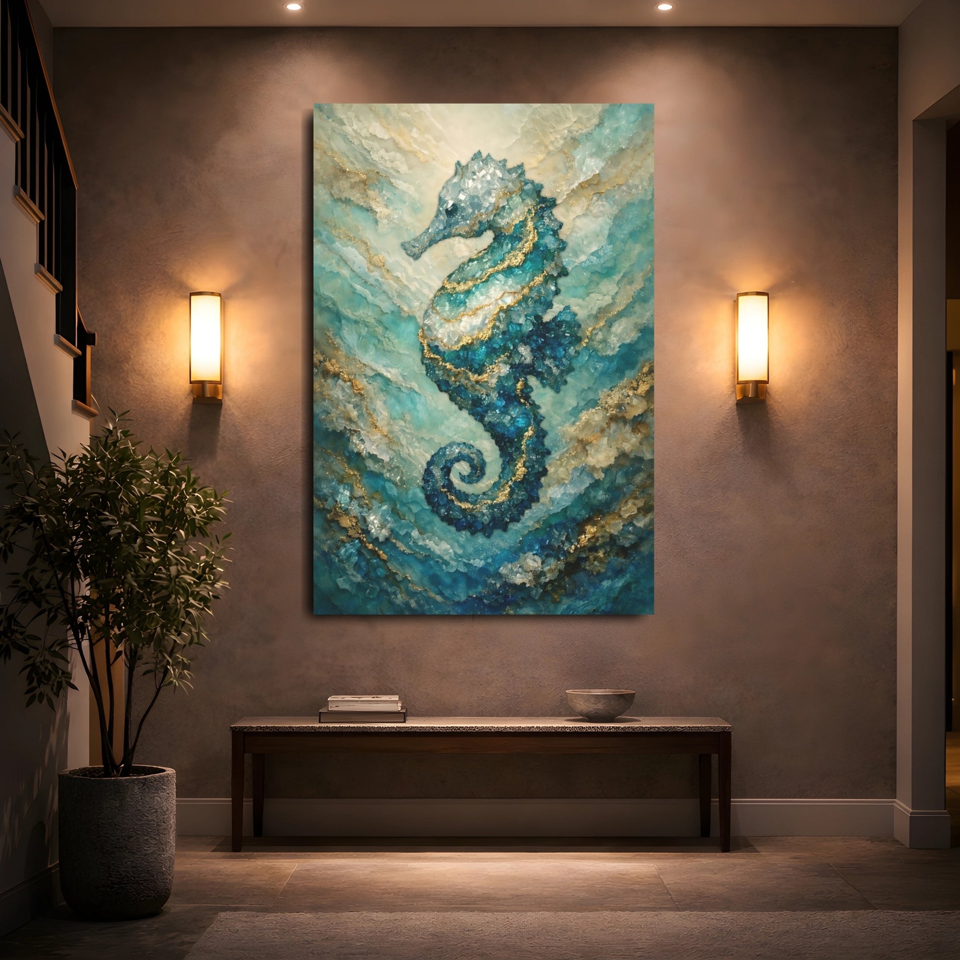 Nature Seahorse Blue Gold Seahorse shown as front canvas room wall art