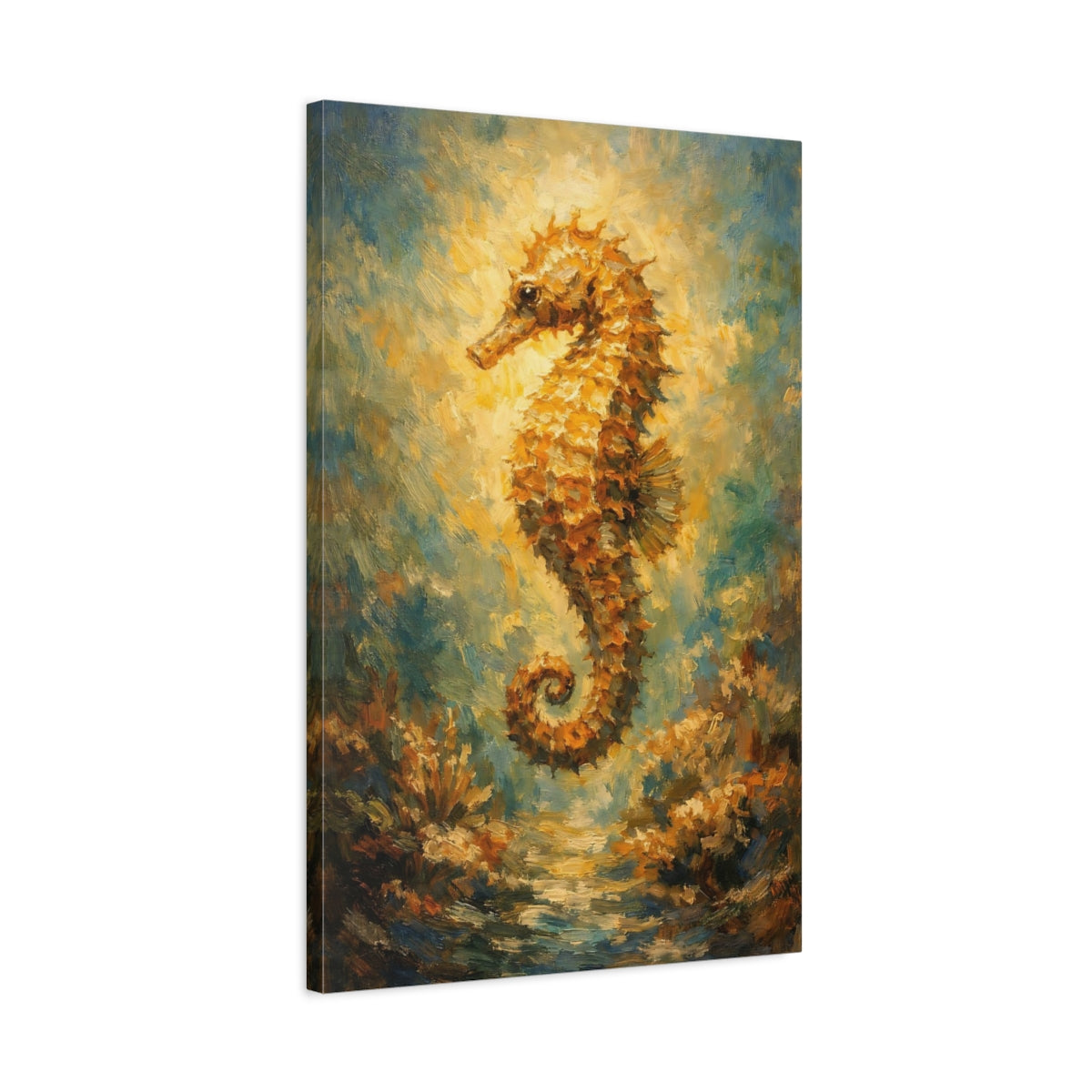 Side Mockup 2. Nature Seahorse Golden Seahorse shown as stretched canvas wall art