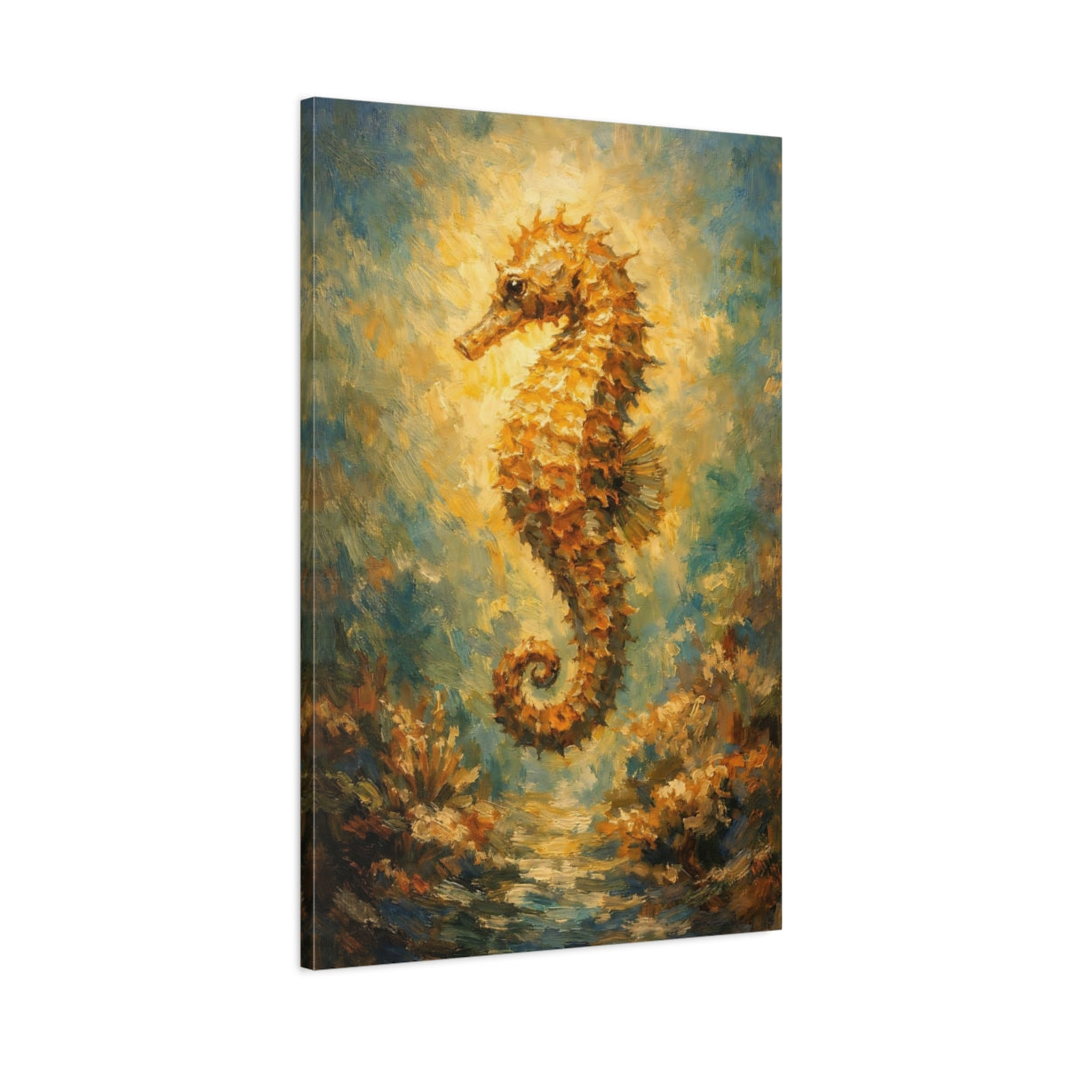 Side Mockup 1. Nature Seahorse Golden Seahorse shown as stretched canvas wall art