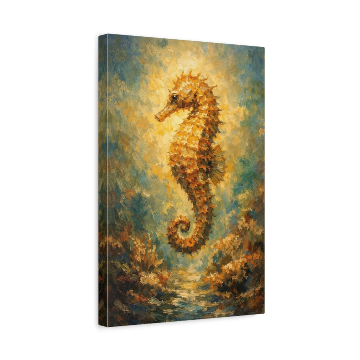 Side Mockup 4. Nature Seahorse Golden Seahorse shown as stretched canvas wall art