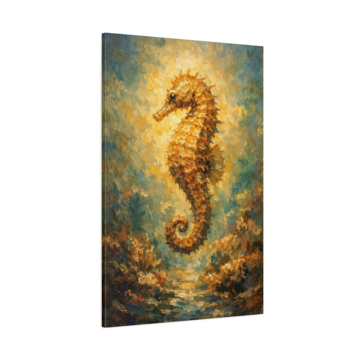 Main Mockup. Nature Seahorse Golden Seahorse shown as stretched canvas wall art