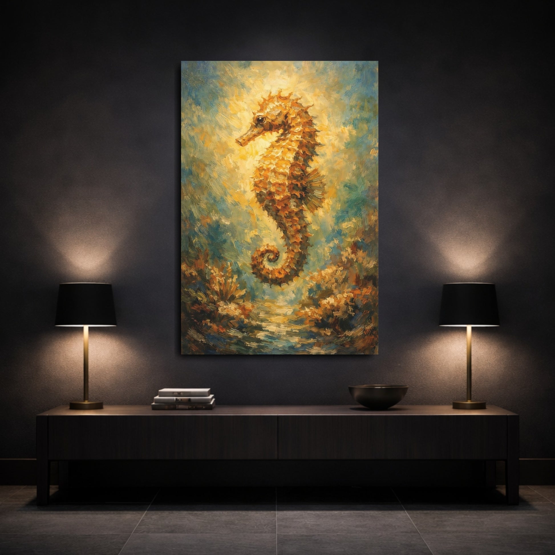 Mockup 2. Nature Seahorse Golden Seahorse shown as stretched canvas wall art