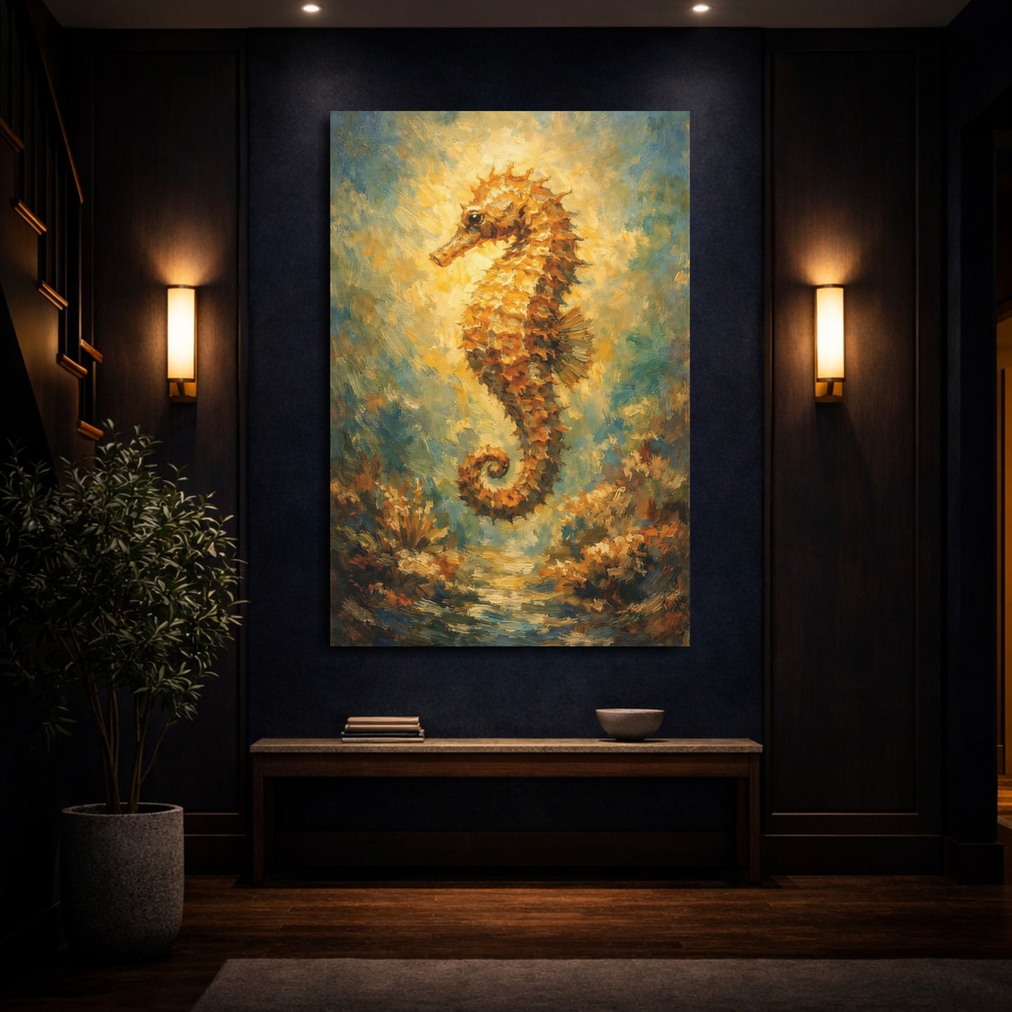 Mockup 3. Nature Seahorse Golden Seahorse shown as stretched canvas wall art