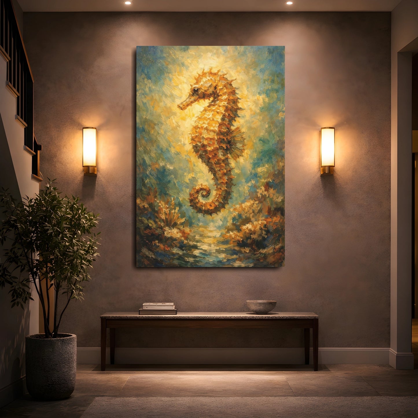 Mockup 4. Nature Seahorse Golden Seahorse shown as stretched canvas wall art