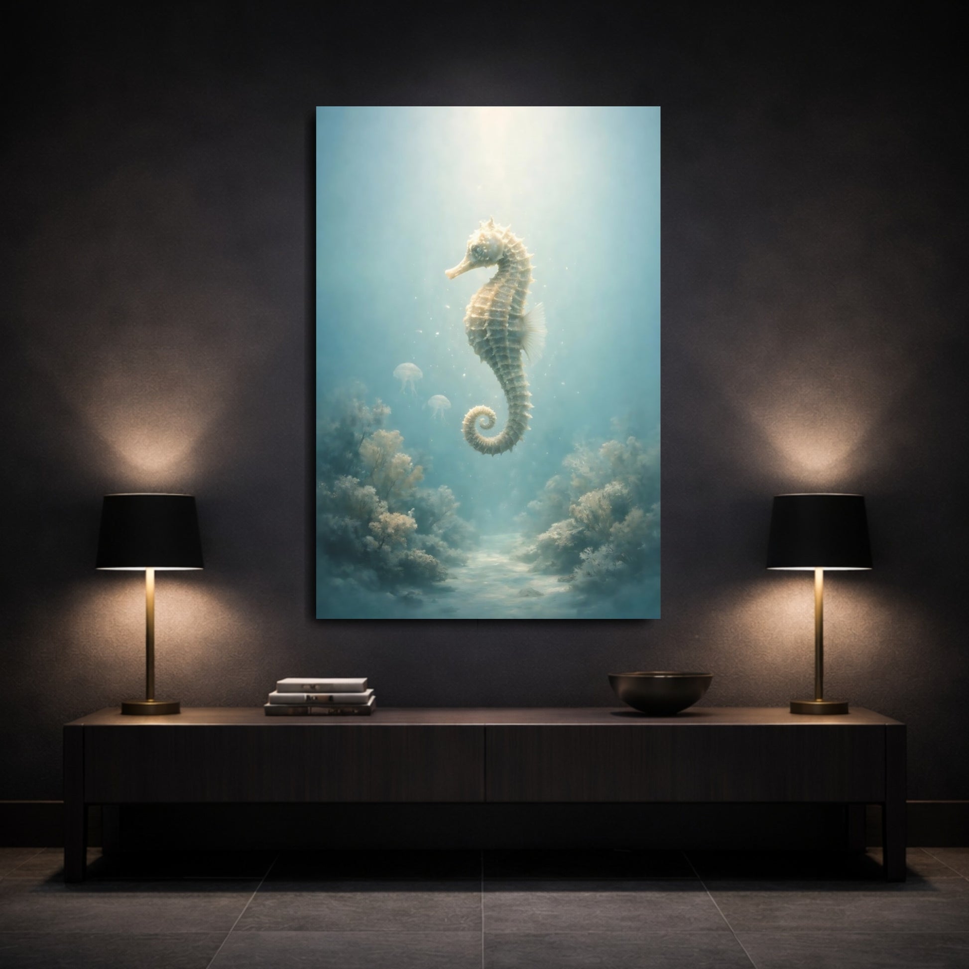 Mockup 2. Nature Seahorse Seahorse Aqua shown as stretched canvas wall art