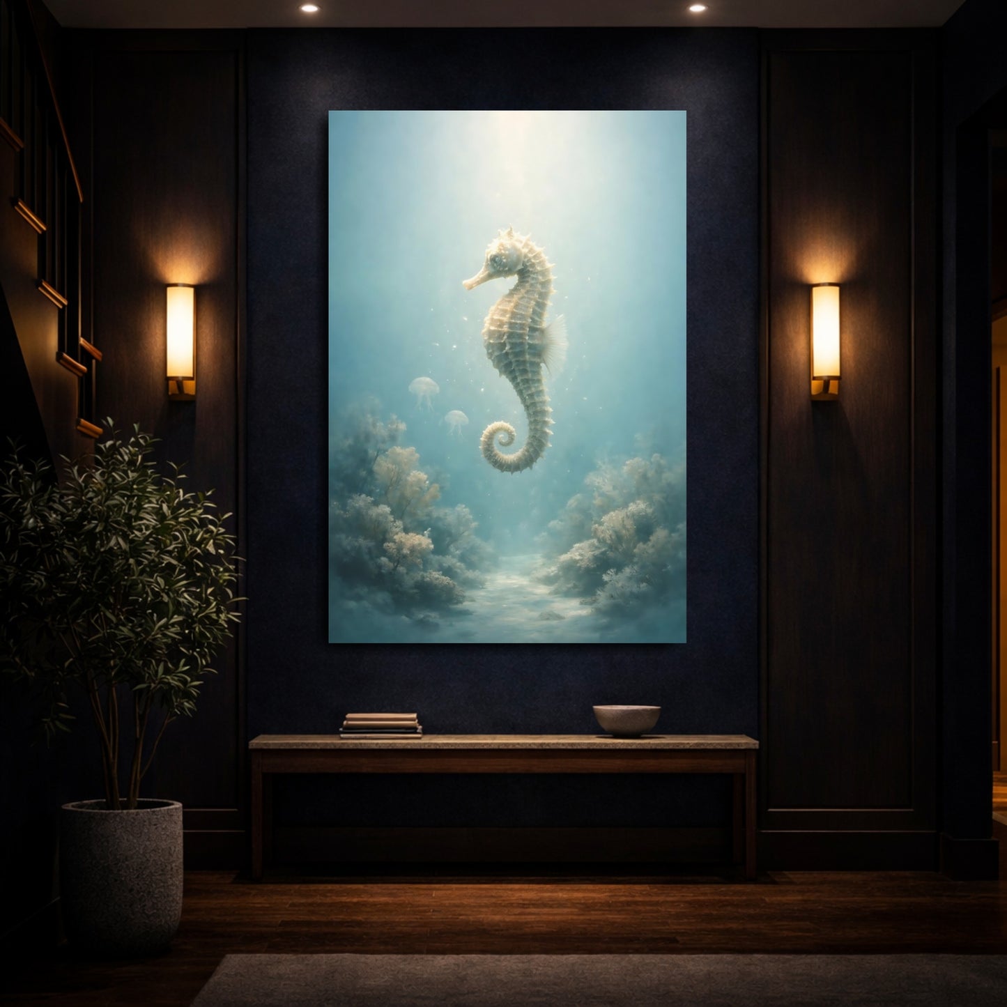 Mockup 3. Nature Seahorse Seahorse Aqua shown as stretched canvas wall art