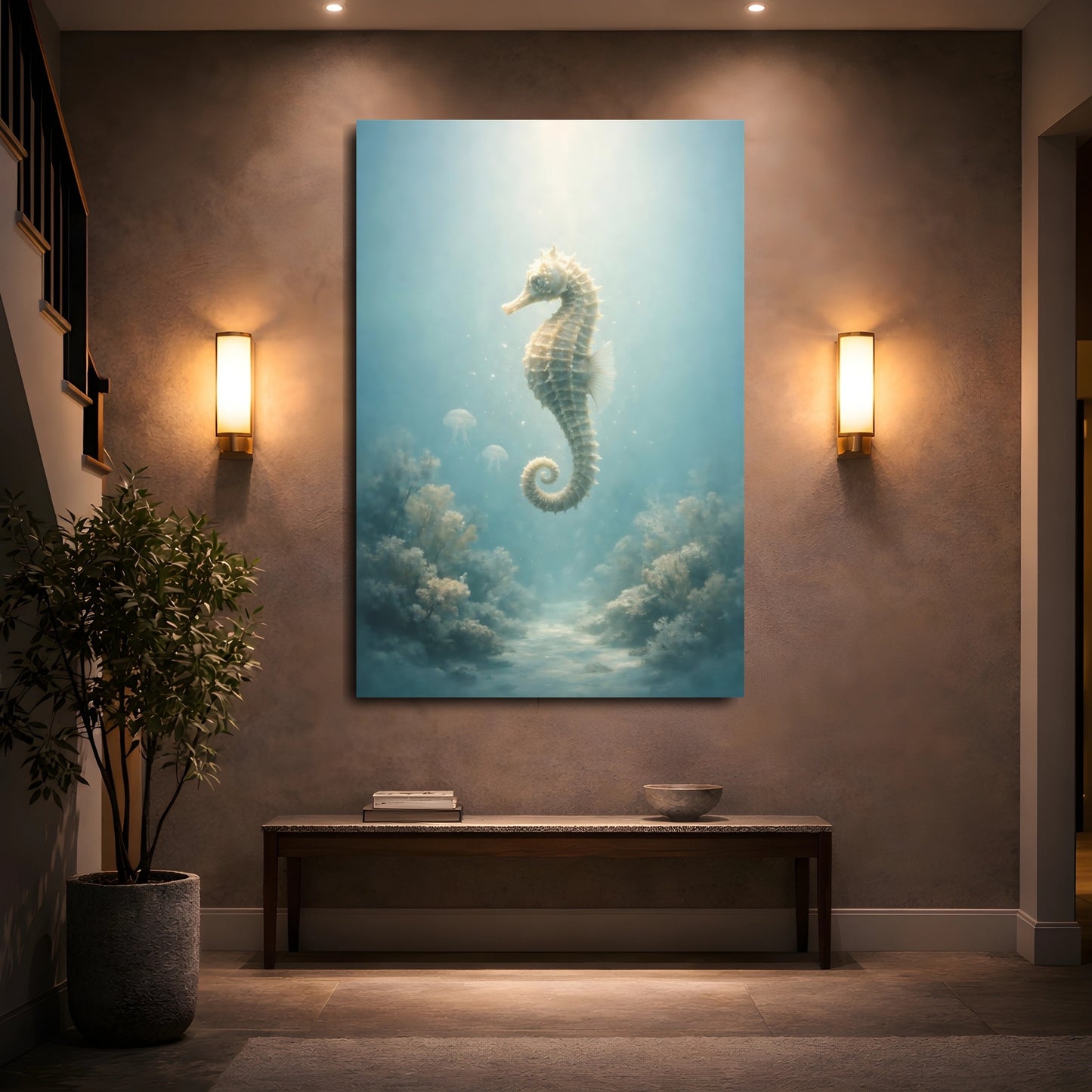 Mockup 4. Nature Seahorse Seahorse Aqua shown as stretched canvas wall art