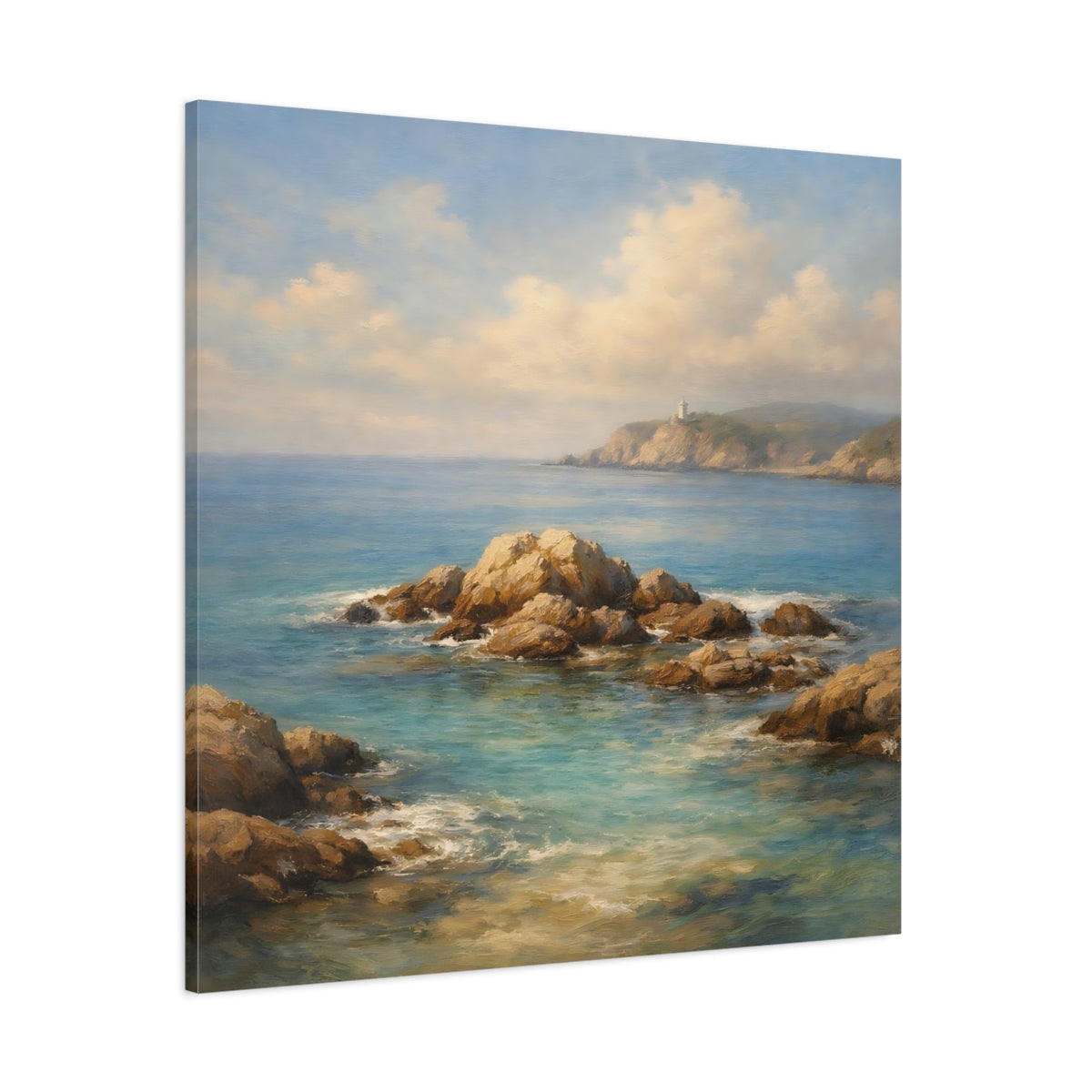 Main Mockup. Nature Seascape Blue Ocean Landscape shown as stretched canvas wall art