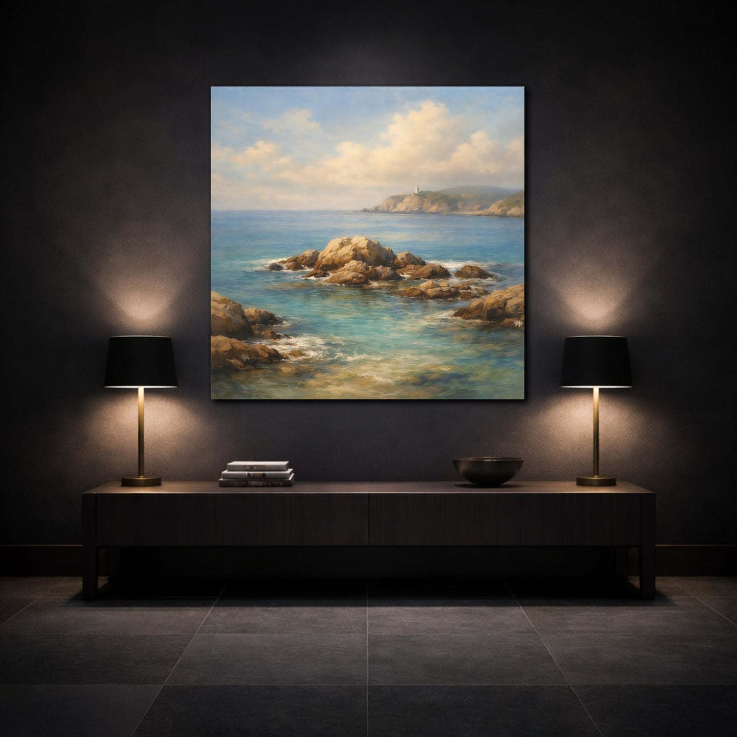 Mockup 3. Nature Seascape Blue Ocean Landscape shown as stretched canvas wall art