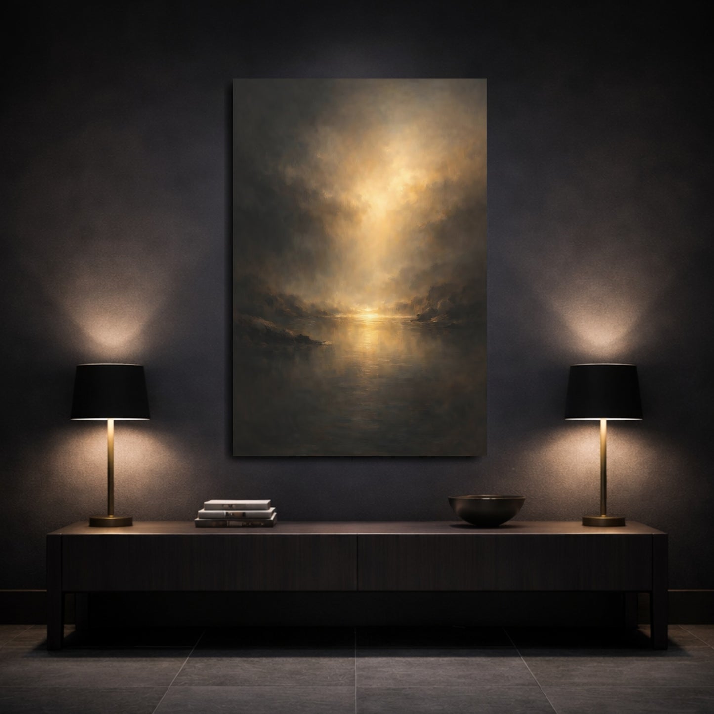 Mockup 2. Nature Seascape Dark Gold Landscape shown as stretched canvas wall art