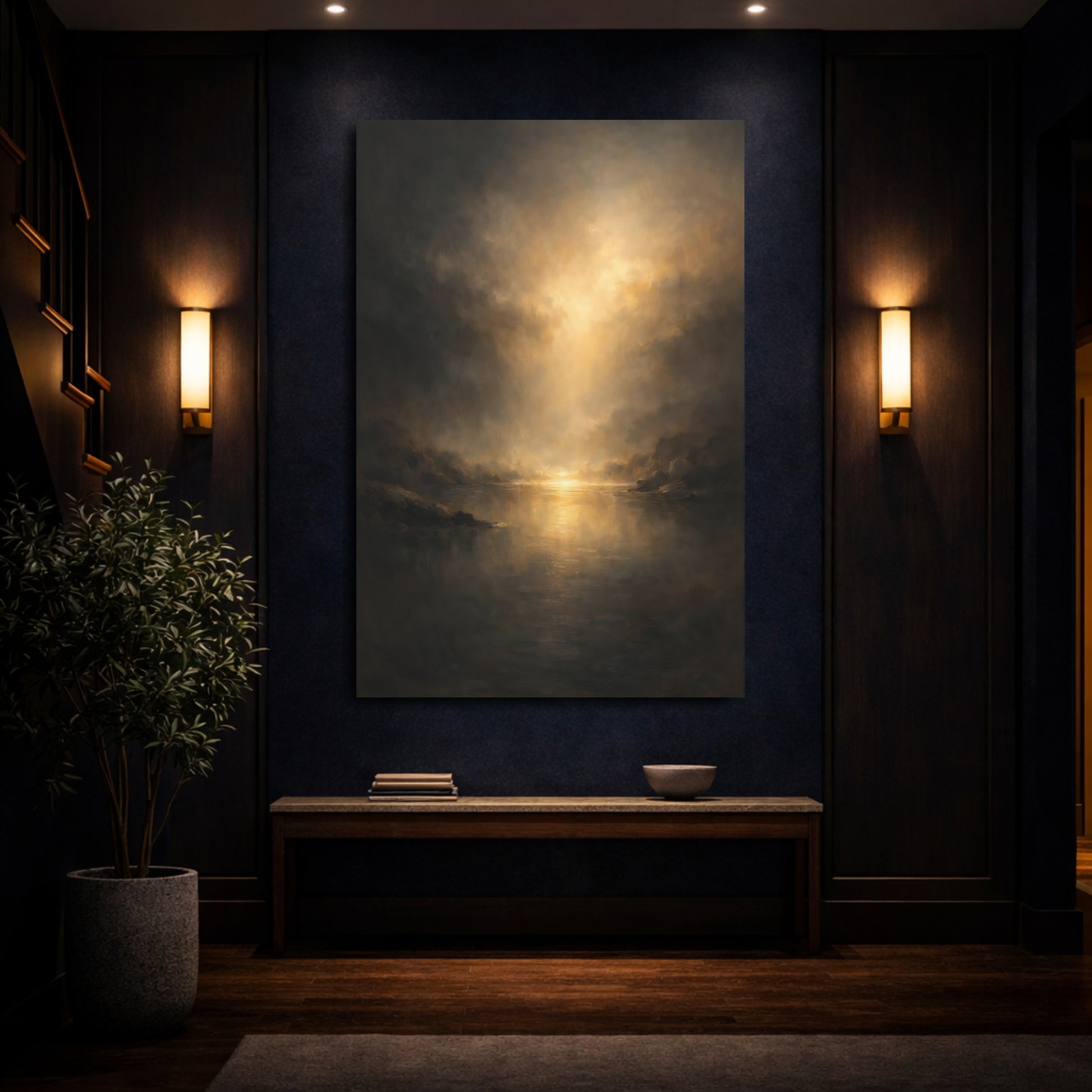 Mockup 3. Nature Seascape Dark Gold Landscape shown as stretched canvas wall art