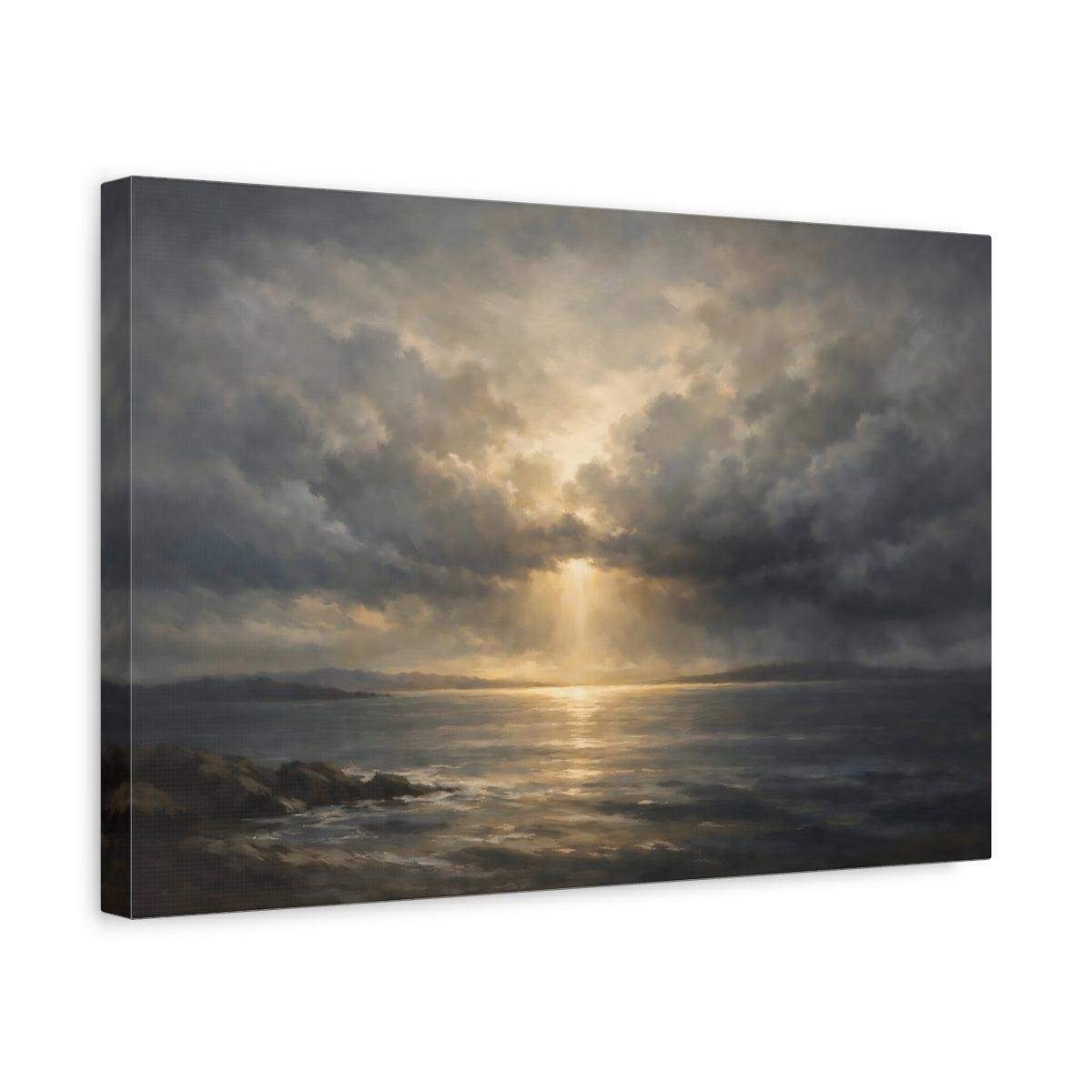 Side Mockup 4. Nature Seascape Dramatic Ocean Scene shown as stretched canvas wall art