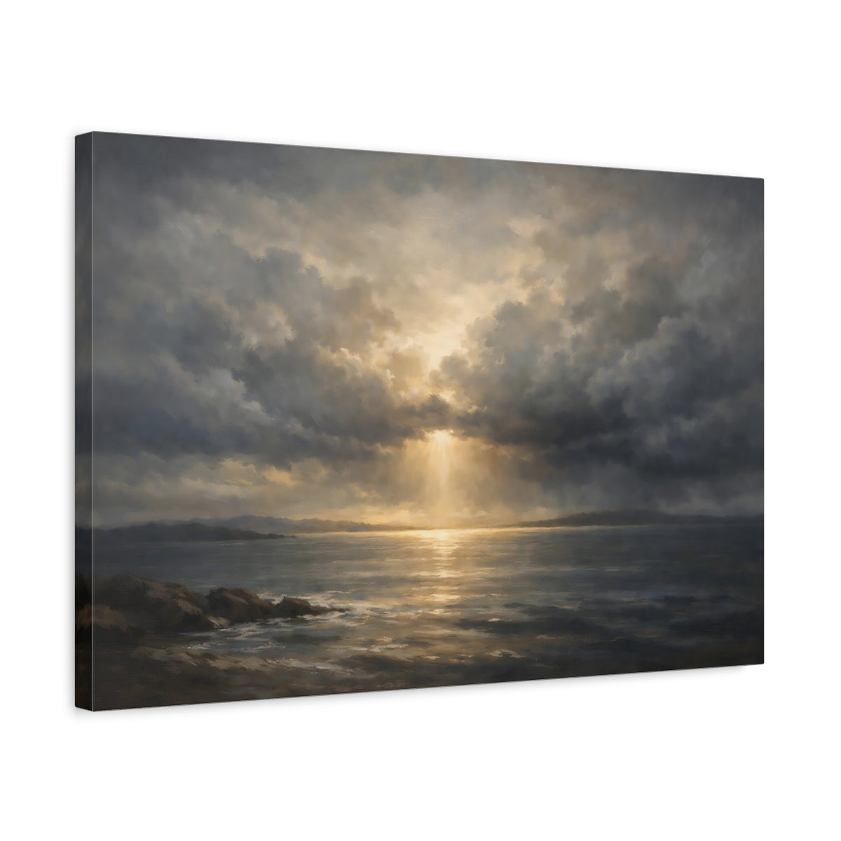 Side Mockup 3. Nature Seascape Dramatic Ocean Scene shown as stretched canvas wall art