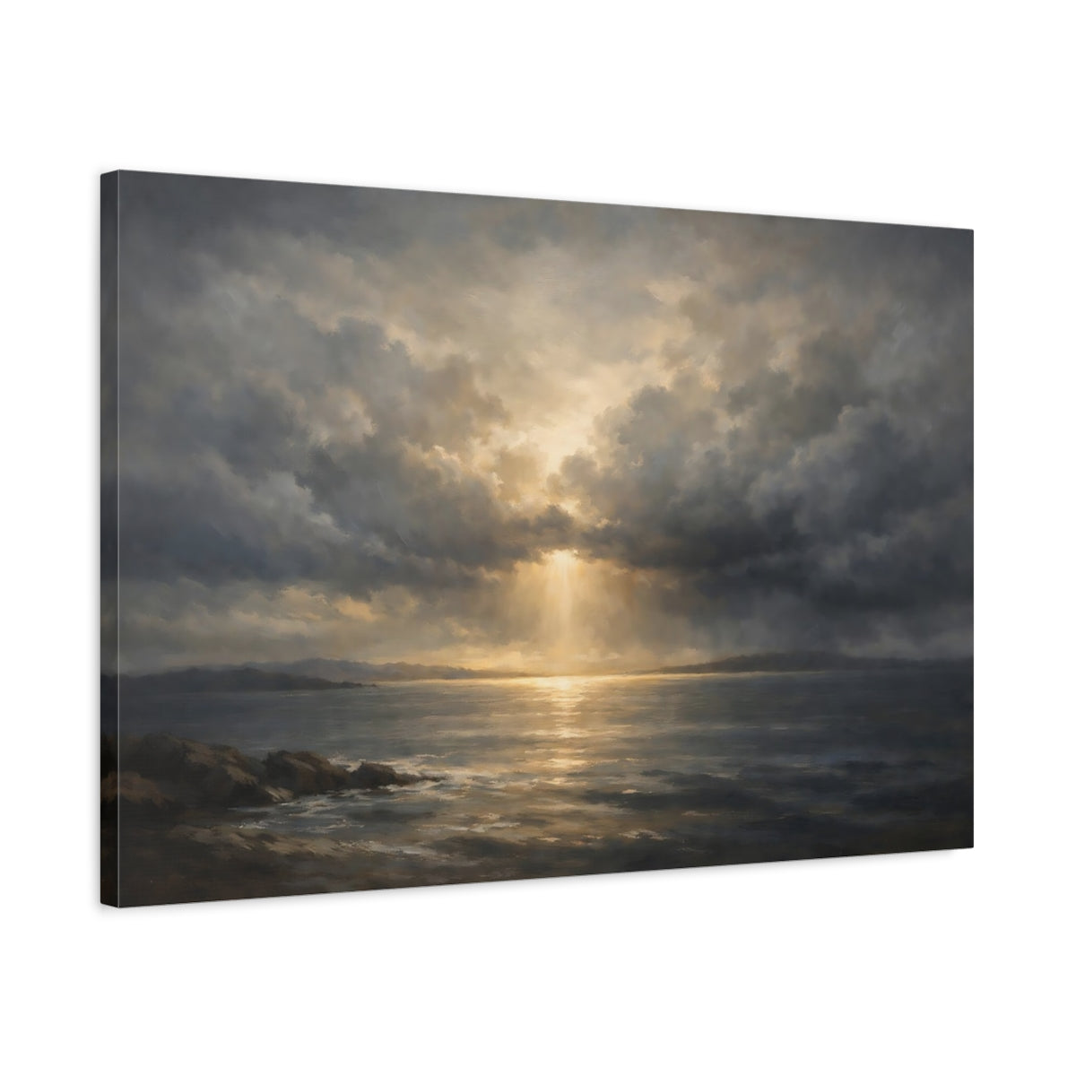 Side Mockup 2. Nature Seascape Dramatic Ocean Scene shown as stretched canvas wall art