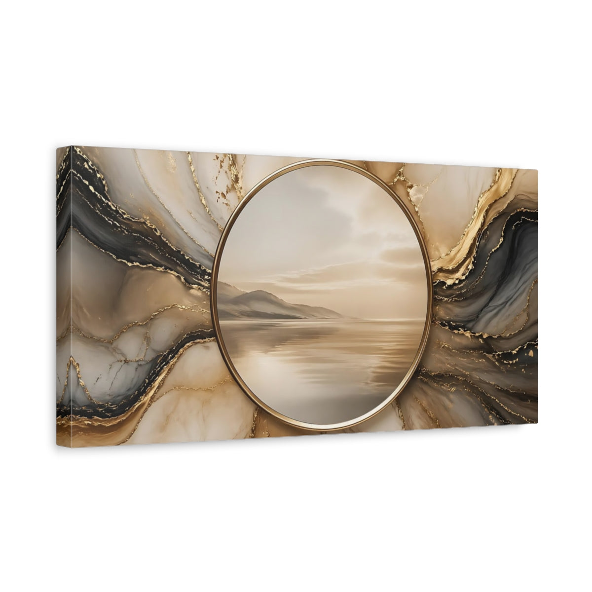 Side Mockup 3. Nature Seascape Gold And Gray shown as stretched canvas wall art