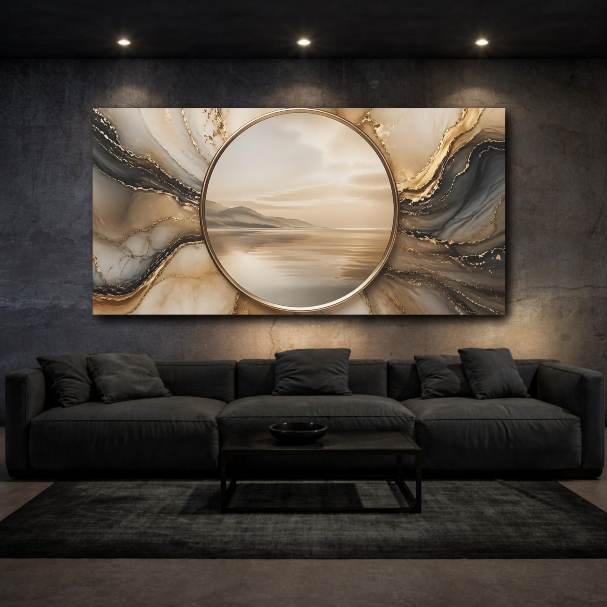 Mockup 2. Nature Seascape Gold And Gray shown as stretched canvas wall art