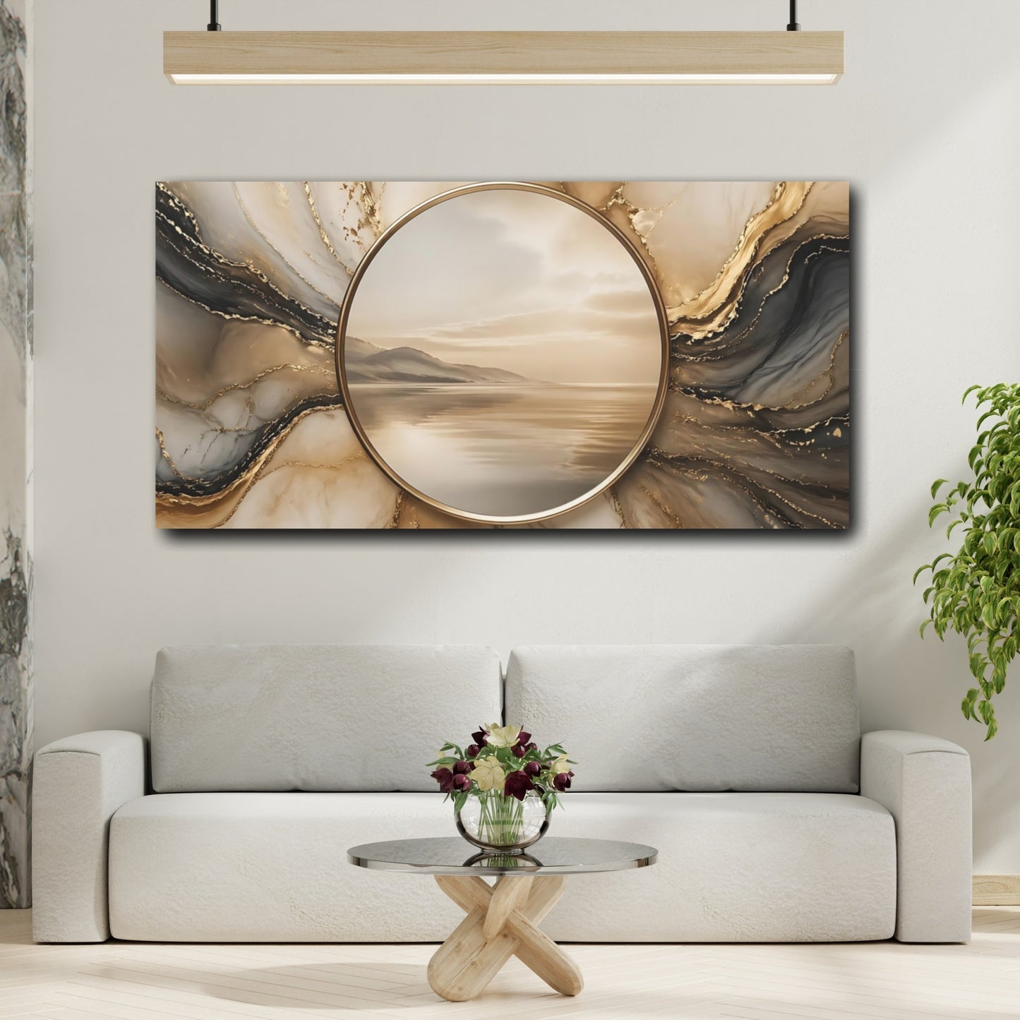 Mockup 3. Nature Seascape Gold And Gray shown as stretched canvas wall art