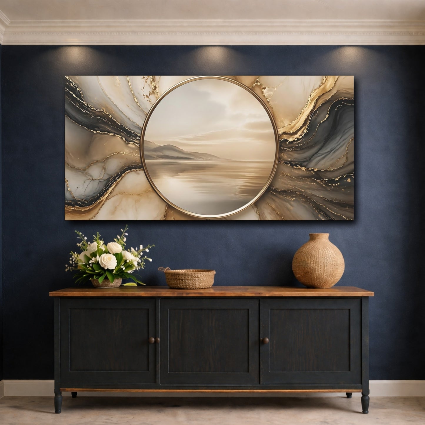Mockup 4. Nature Seascape Gold And Gray shown as stretched canvas wall art