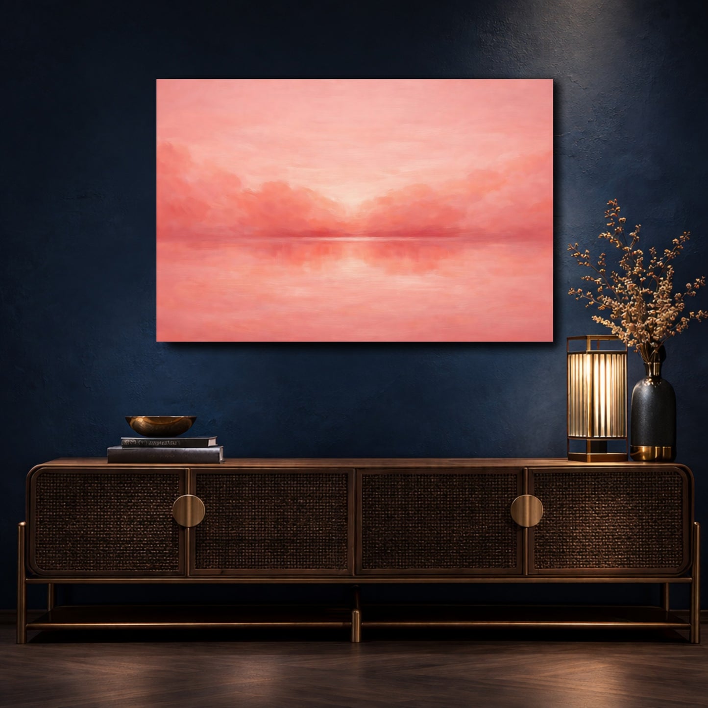 Mockup 4. Nature Seascape Horizon Pink Seascape shown as stretched canvas wall art