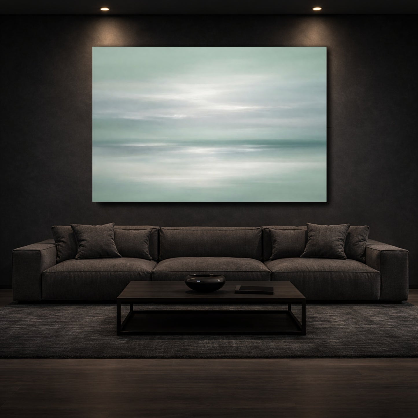 Mockup 2. Nature Seascape Misty Green Seascape shown as stretched canvas wall art
