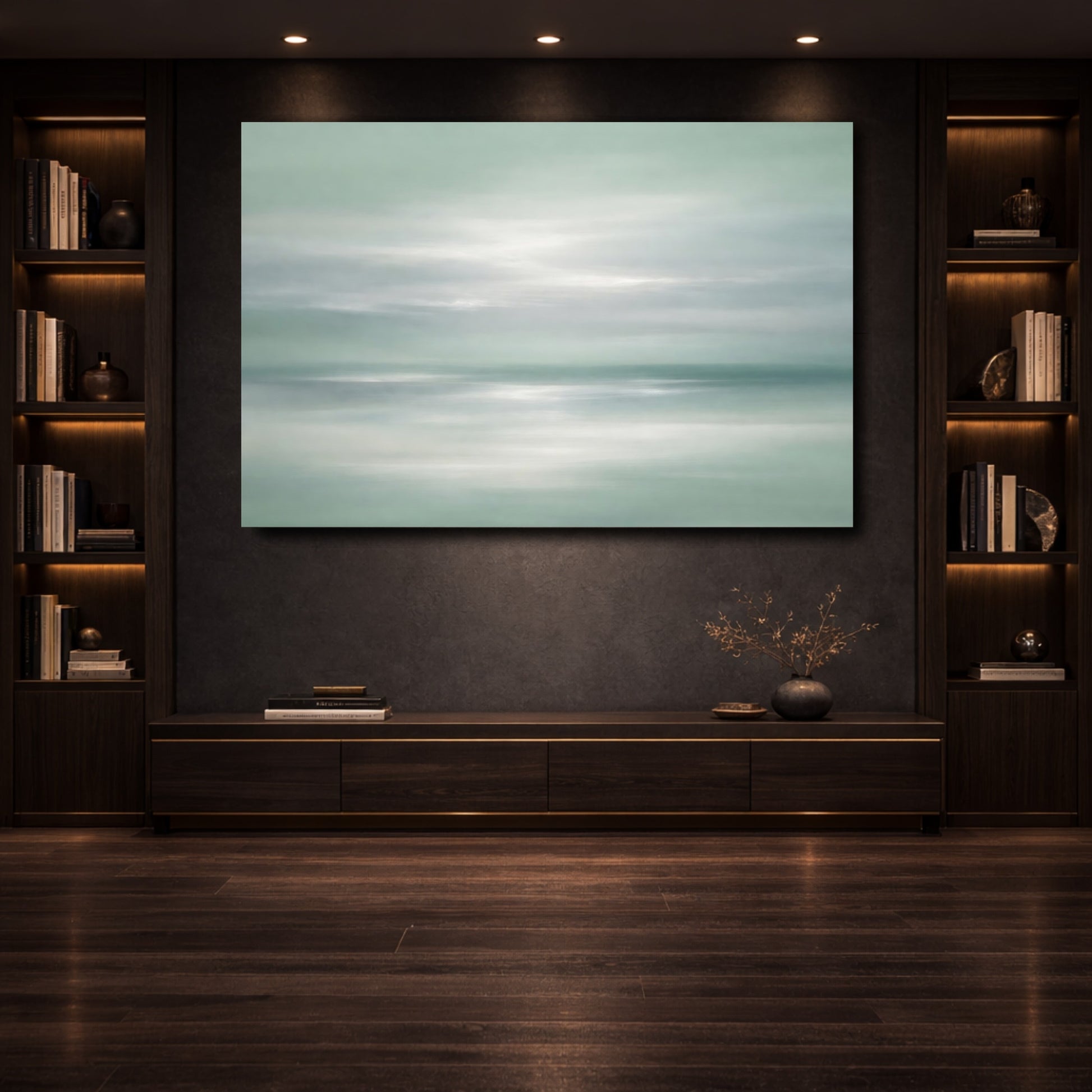 Mockup 3. Nature Seascape Misty Green Seascape shown as stretched canvas wall art