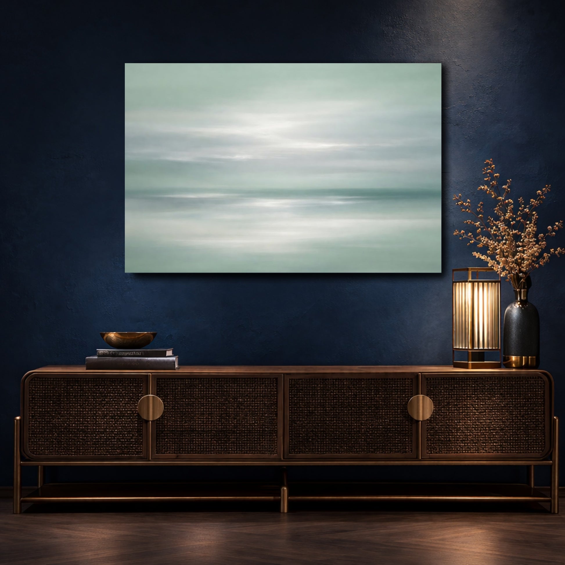 Mockup 4. Nature Seascape Misty Green Seascape shown as stretched canvas wall art
