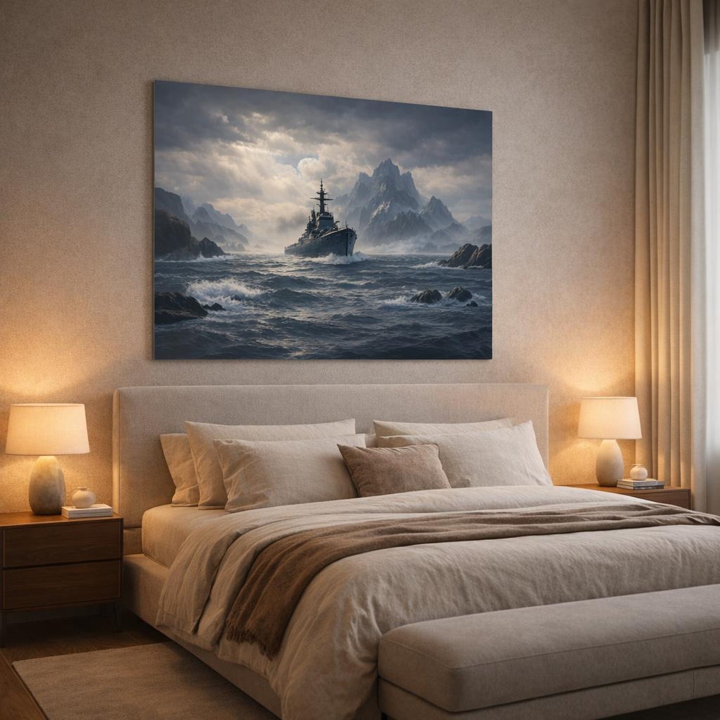 Nature Seascape Navy shown as canvas wall art in a luxury bedroom