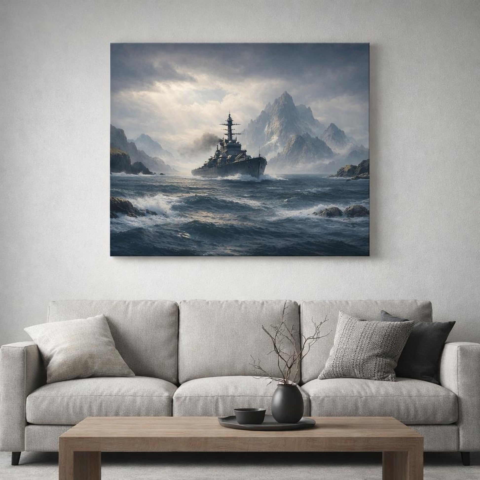 Nature Seascape Navy shown as canvas wall art in a refined dining room