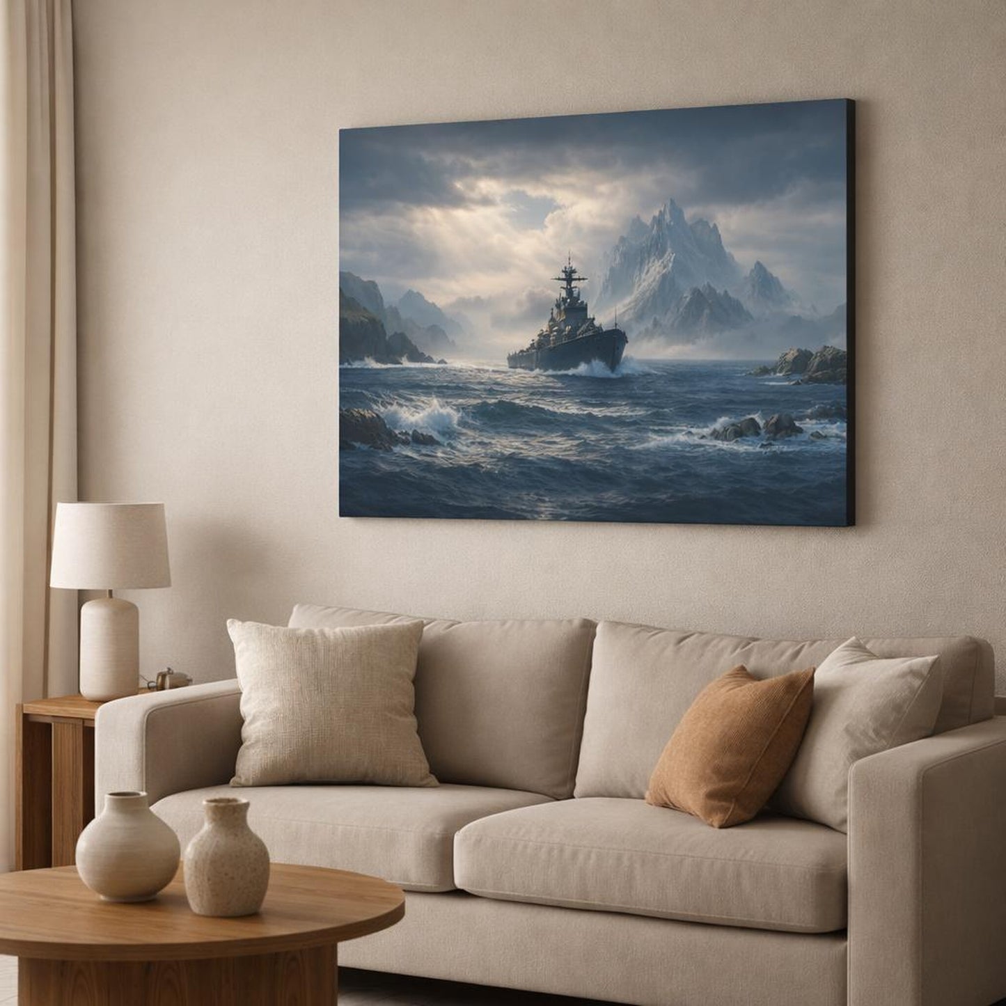 Nature Seascape Navy shown as canvas wall art in a modern living room