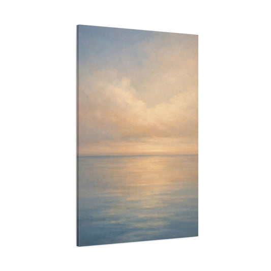 Main Mockup. Nature Seascape Soft Blue Orange Seascape shown as stretched canvas wall art