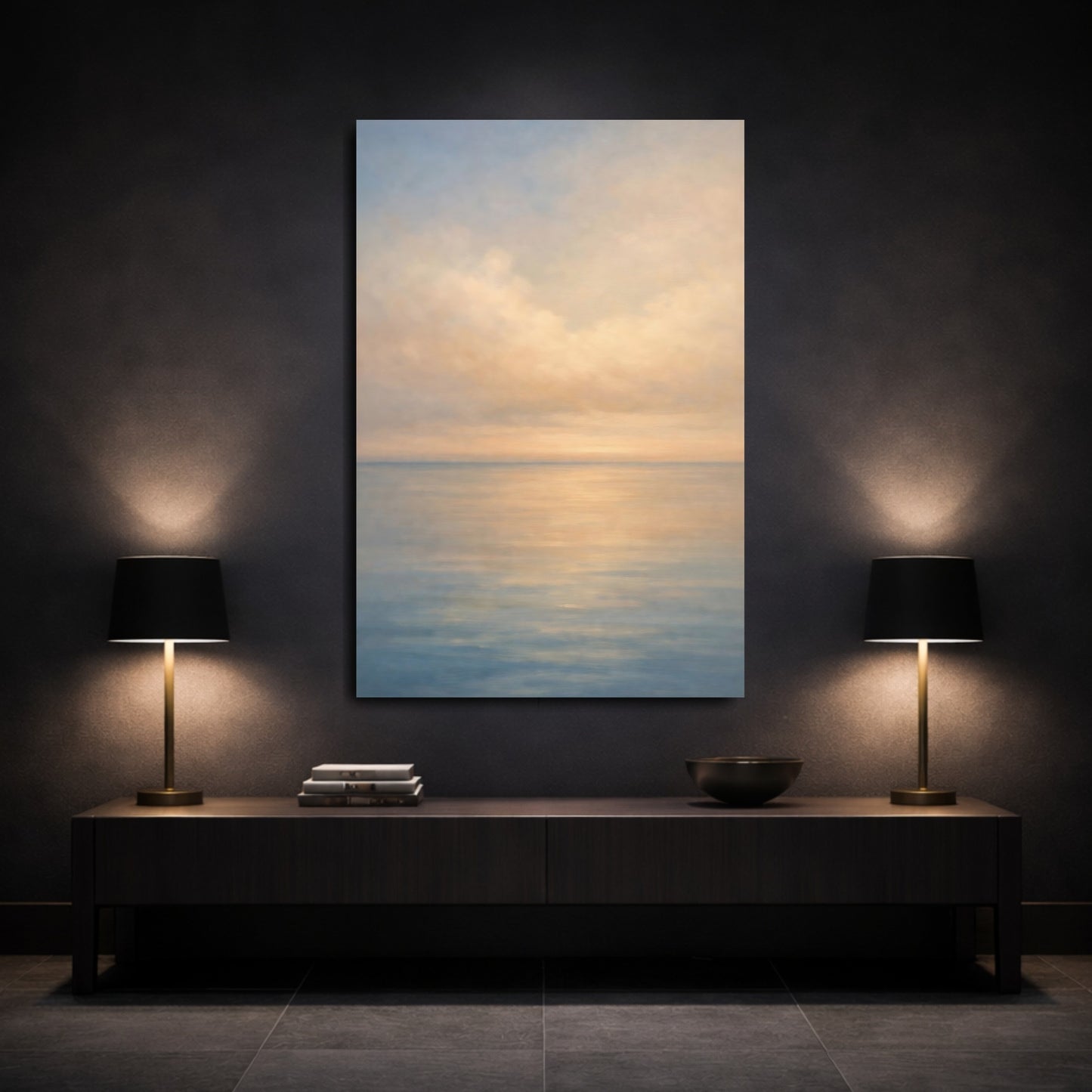 Mockup 2. Nature Seascape Soft Blue Orange Seascape shown as stretched canvas wall art