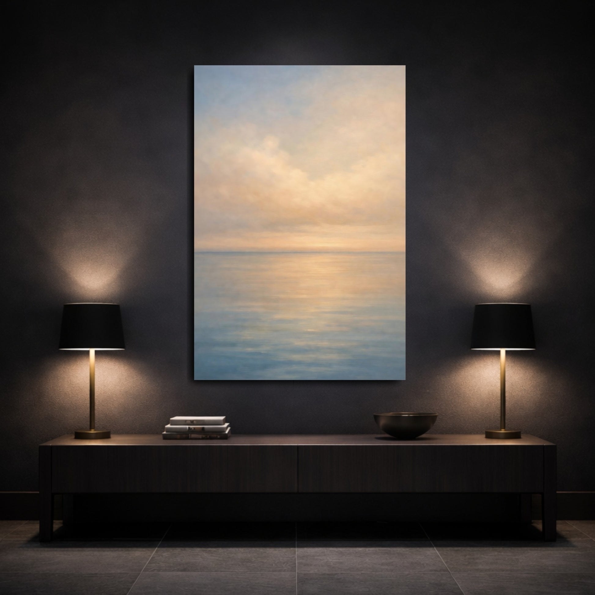 Mockup 2. Nature Seascape Soft Blue Orange Seascape shown as stretched canvas wall art