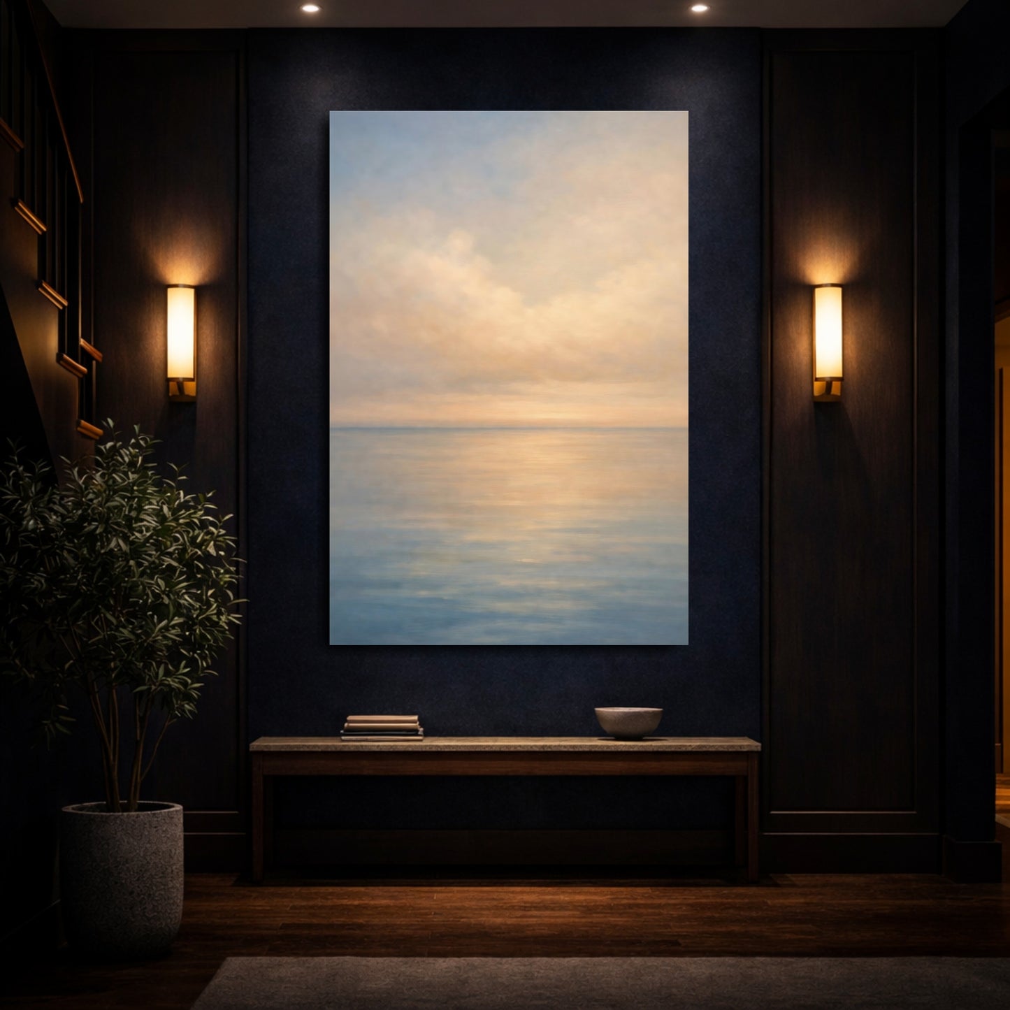 Mockup 3. Nature Seascape Soft Blue Orange Seascape shown as stretched canvas wall art
