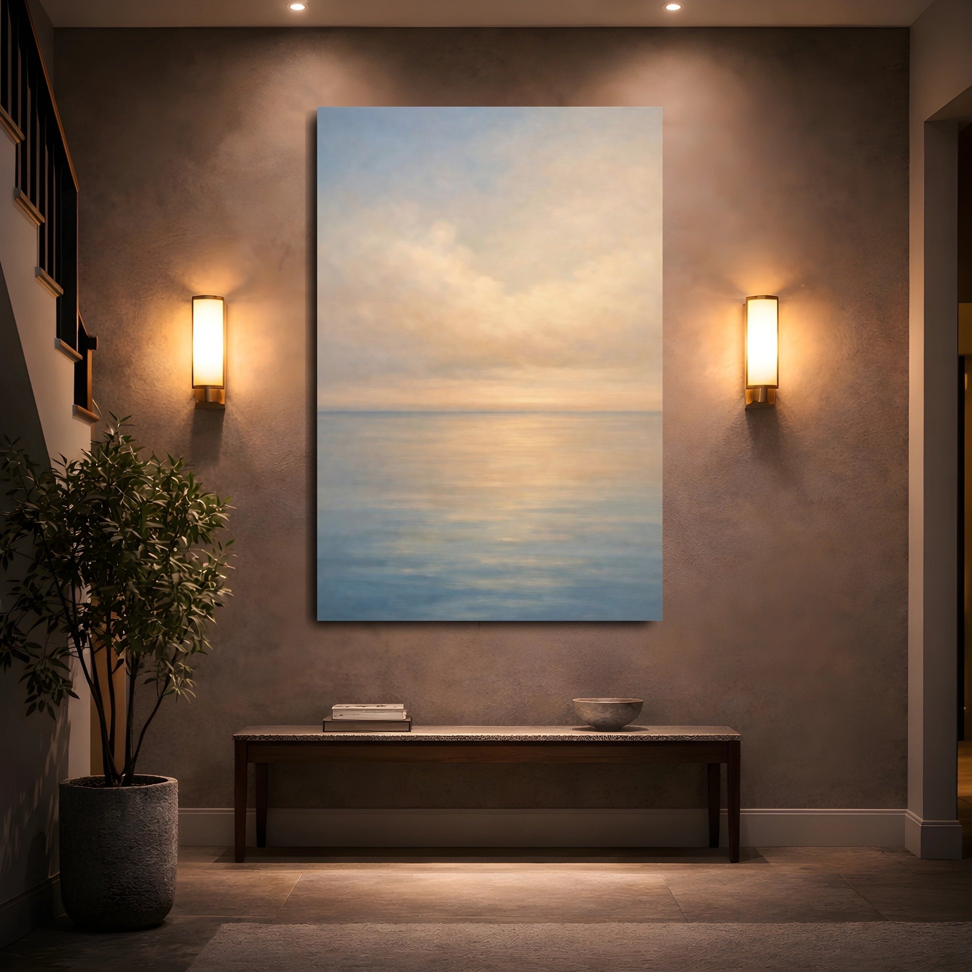 Mockup 4. Nature Seascape Soft Blue Orange Seascape shown as stretched canvas wall art