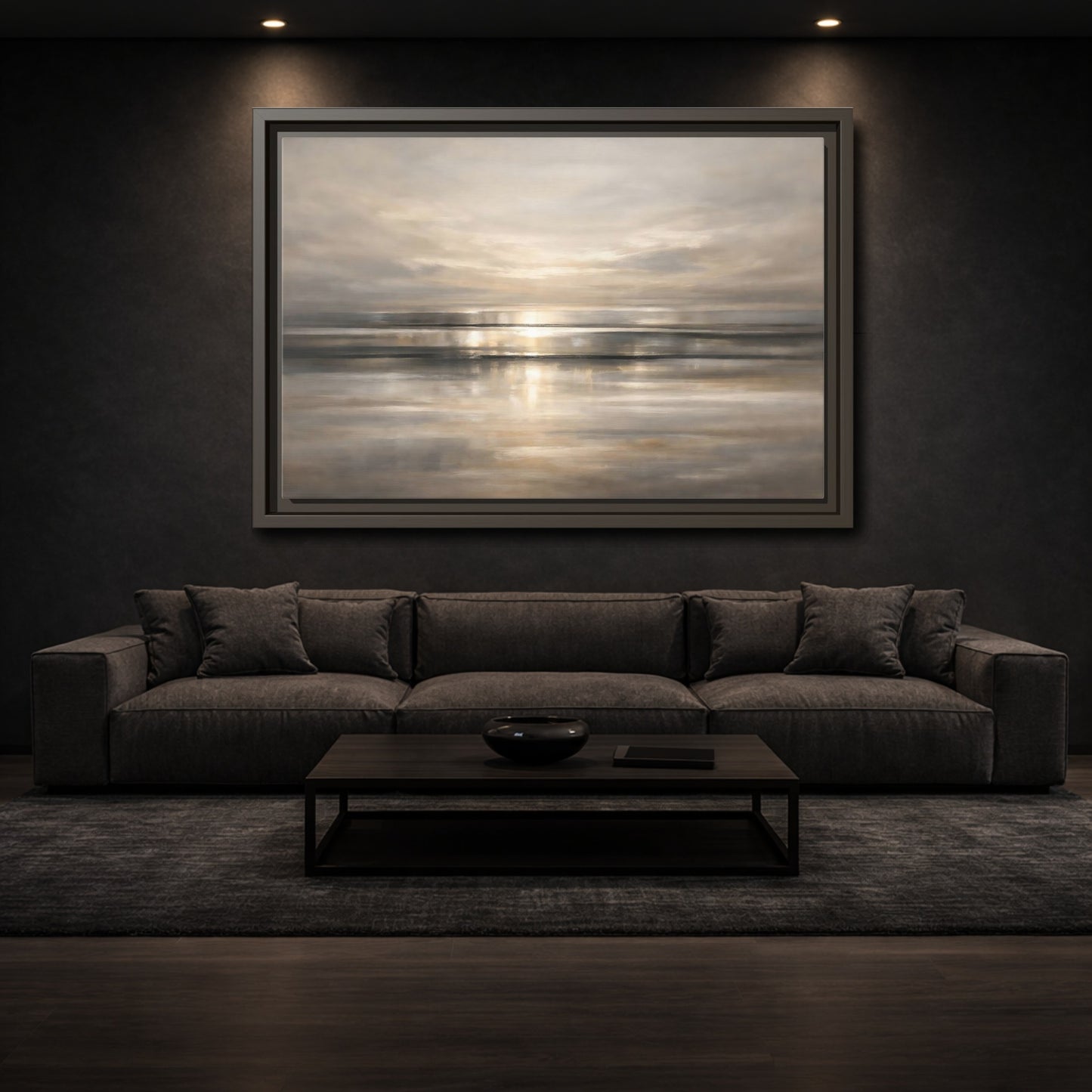 Mockup 2. Nature Seascape Warm Gray Sunset shown as stretched canvas wall art
