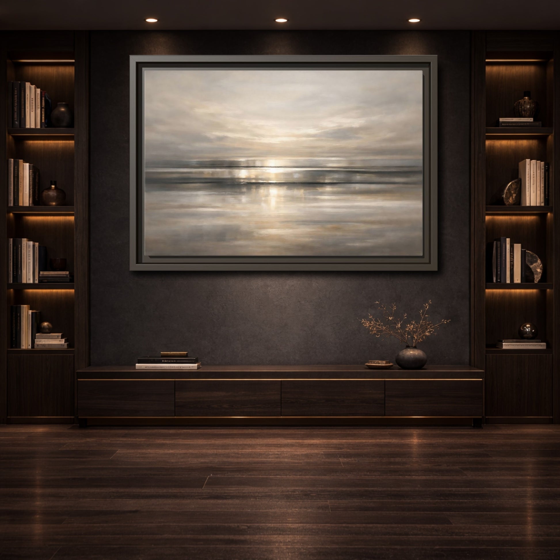 Mockup 3. Nature Seascape Warm Gray Sunset shown as stretched canvas wall art
