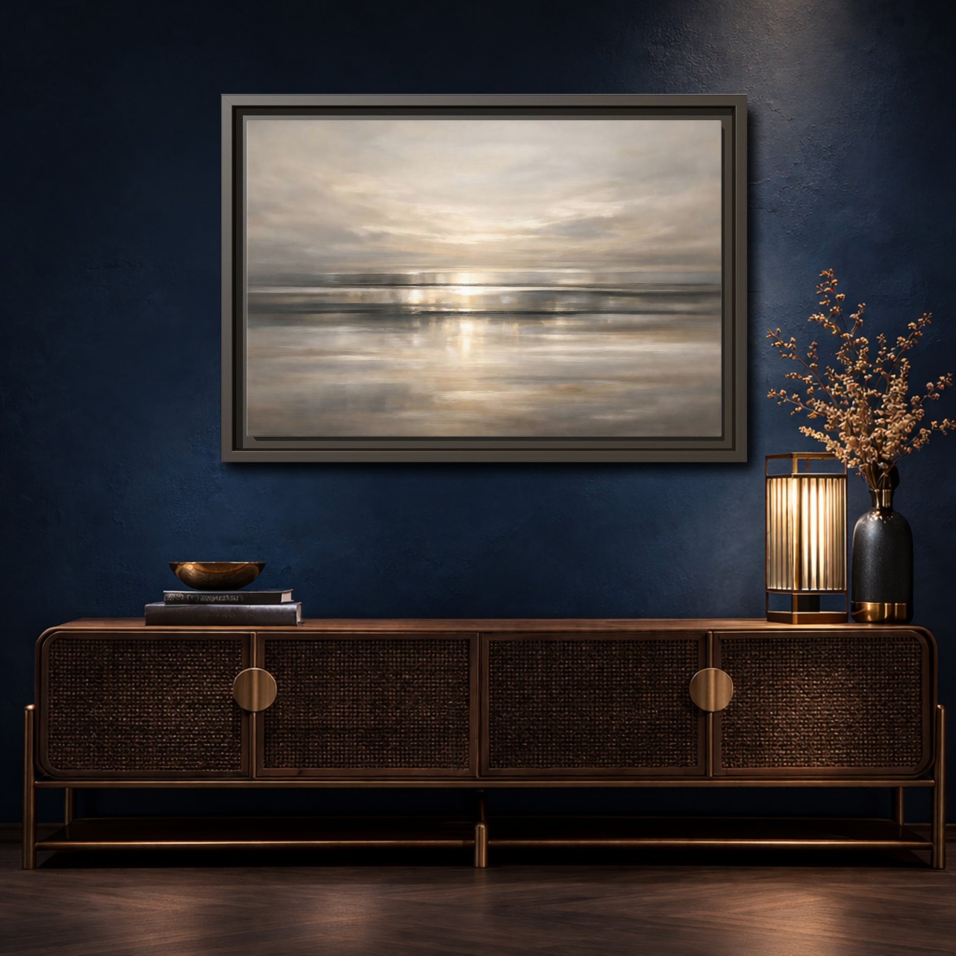 Mockup 4. Nature Seascape Warm Gray Sunset shown as stretched canvas wall art