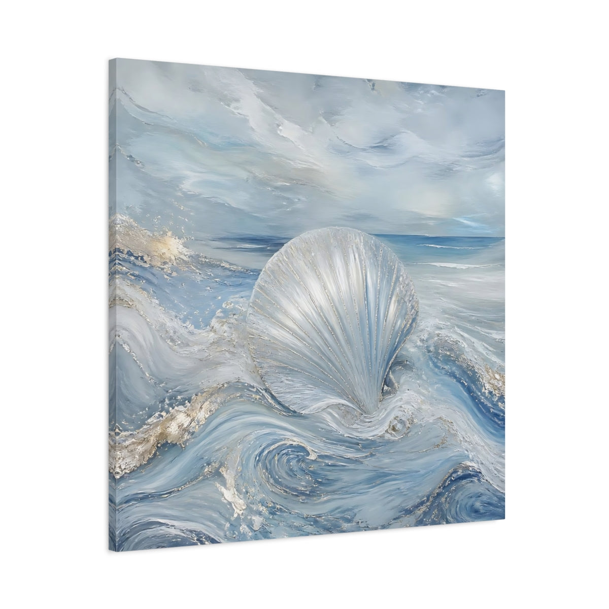 Main Mockup. Nature Seashell Blue And Silver shown as stretched canvas wall art