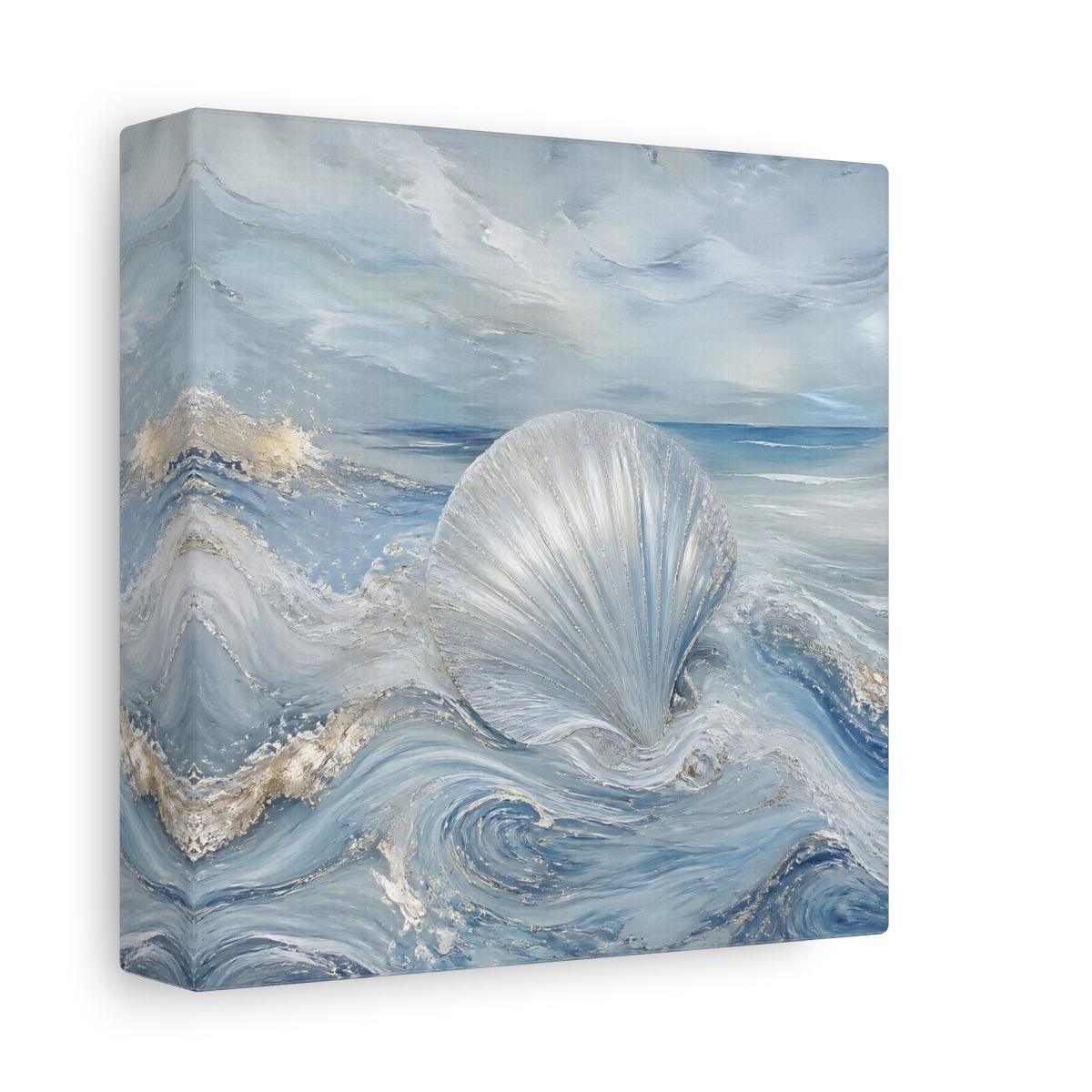 Side Mockup 2. Nature Seashell Blue And Silver shown as stretched canvas wall art