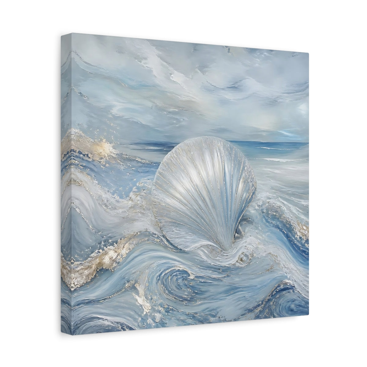 Side Mockup 7. Nature Seashell Blue And Silver shown as stretched canvas wall art