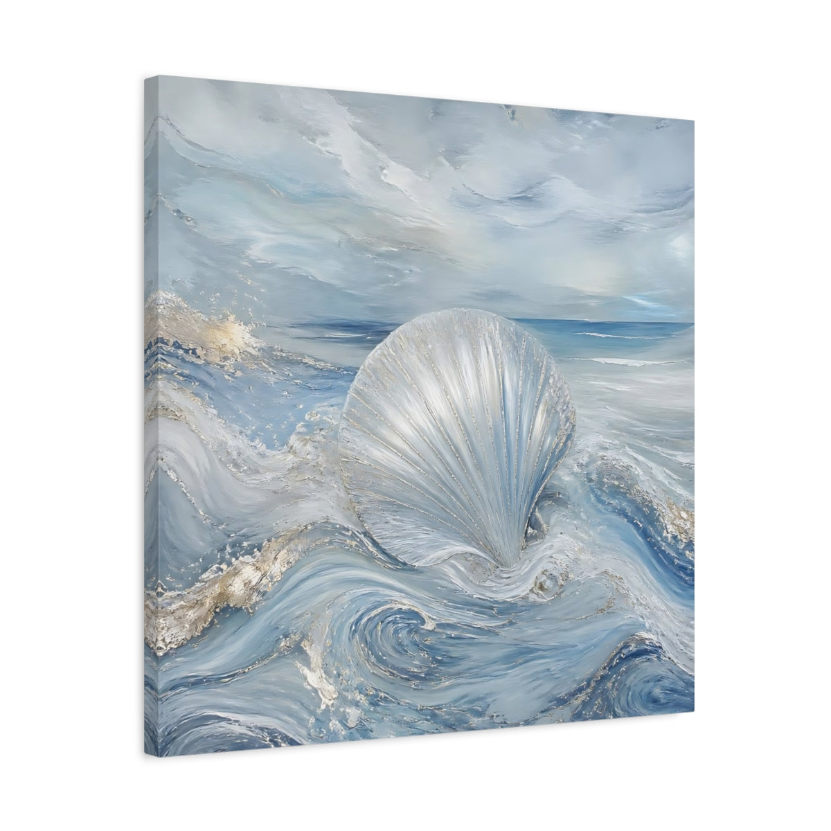 Side Mockup 4. Nature Seashell Blue And Silver shown as stretched canvas wall art