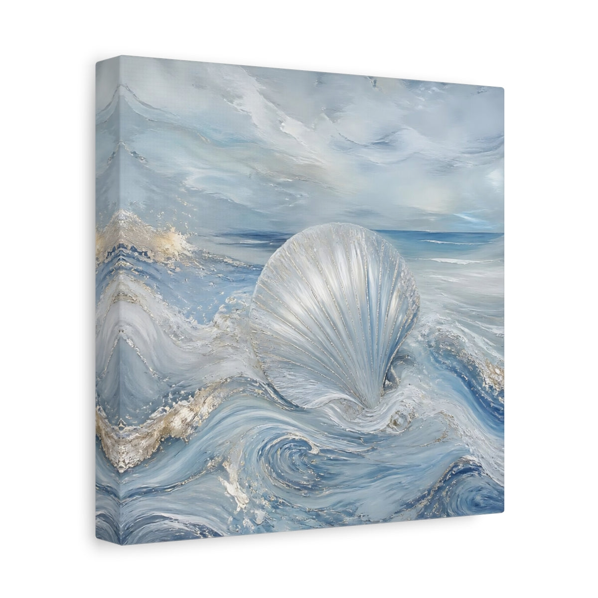 Side Mockup 9. Nature Seashell Blue And Silver shown as stretched canvas wall art