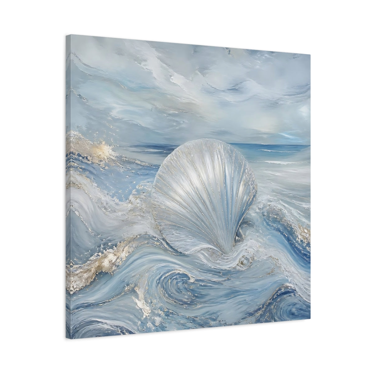 Side Mockup 3. Nature Seashell Blue And Silver shown as stretched canvas wall art