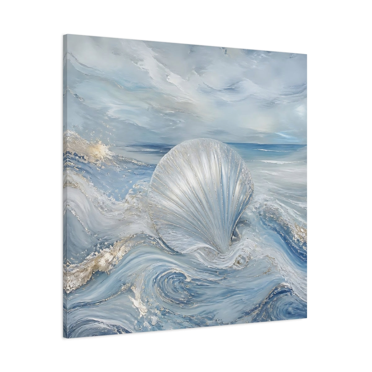 Side Mockup 1. Nature Seashell Blue And Silver shown as stretched canvas wall art