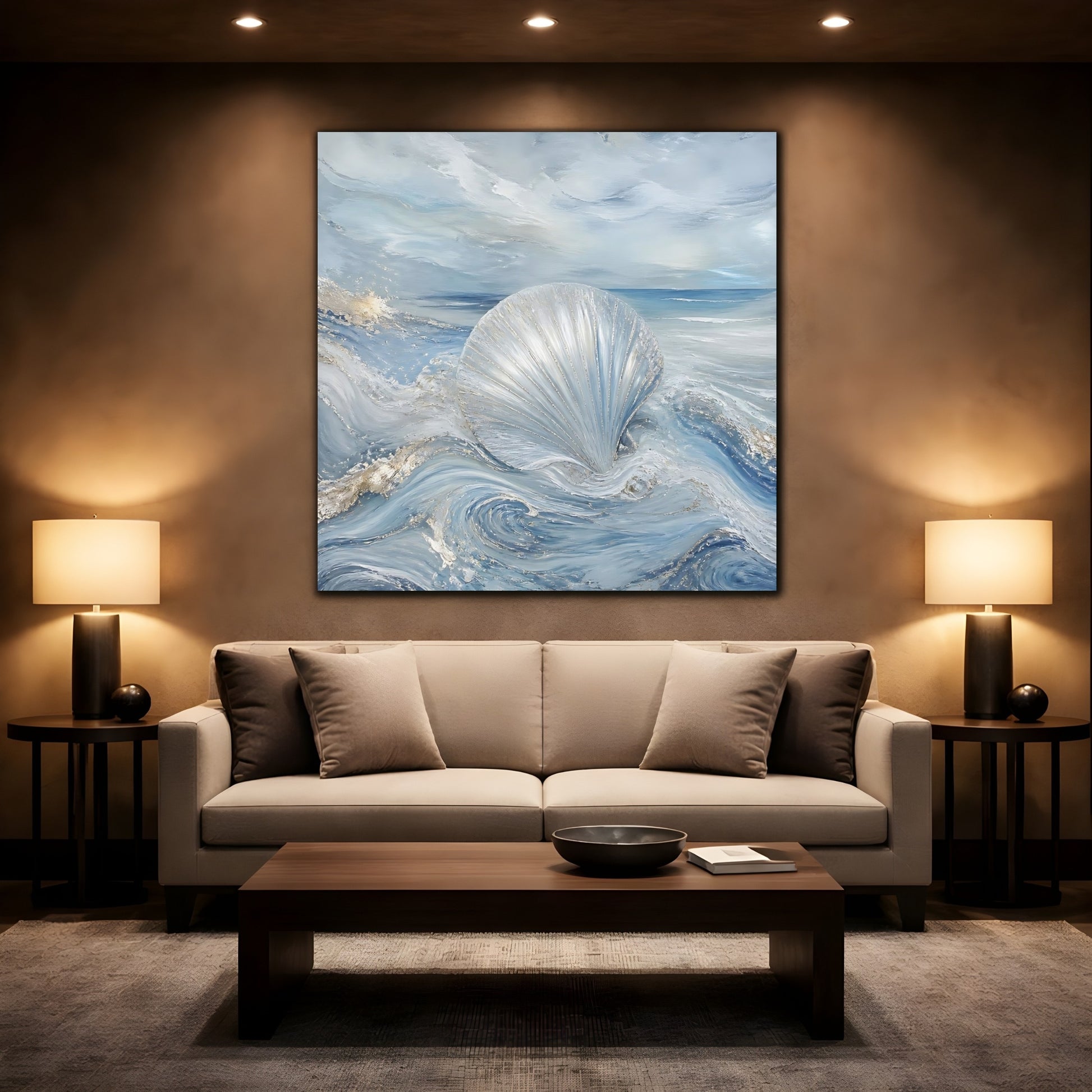 Mockup 2. Nature Seashell Blue And Silver shown as stretched canvas wall art